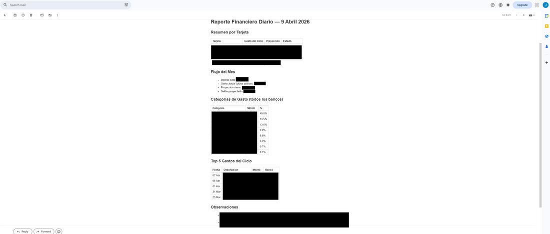 Reporte Financiero Diario por correo con tablas de resumen por tarjeta, flujo del mes y categorías de gasto