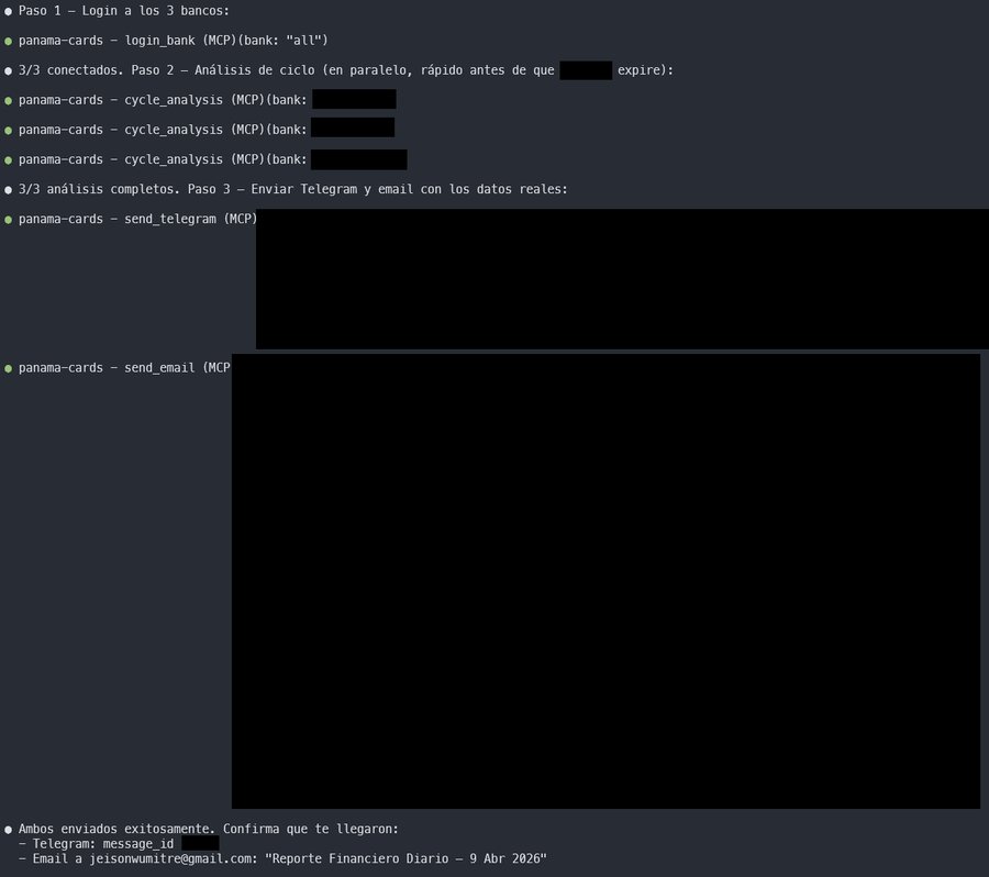 Flujo automatizado: login a tres bancos en paralelo, análisis de ciclo, envío de reportes por Telegram y correo